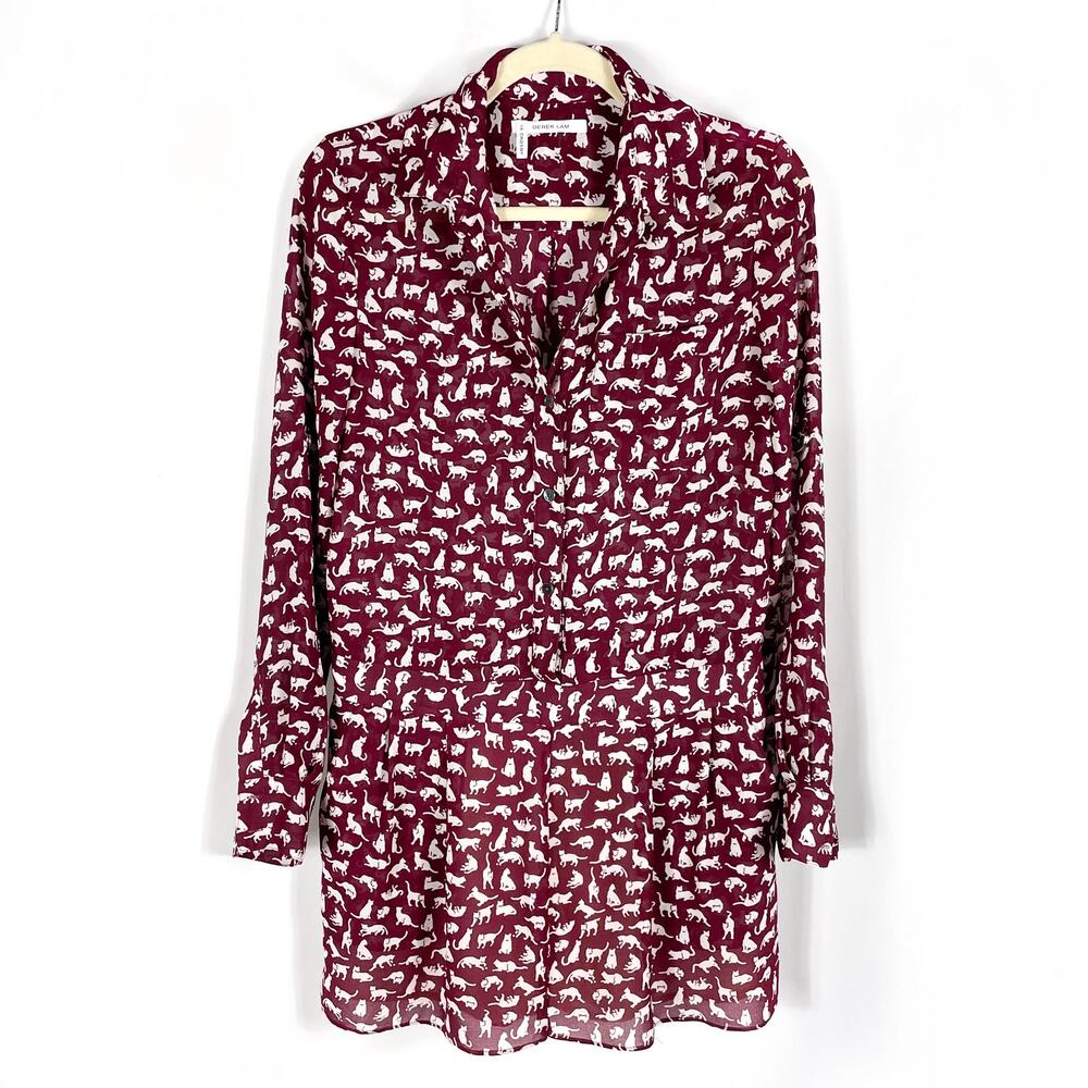 Derek Lam Cat Print Dress‎ *READ Burgundy Collared Mini Pleated Long Sleeve Sz 2